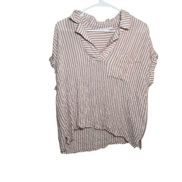 Jane & Delancey Blouse Women's Medium Brown Striped Gauze V-Neck Top - Picture 1 of 9